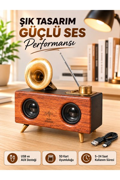 Lisinya Retro Gramofon Tasarımlı Bluetooth Hoparlör – 3D Stereo Ses, 1800 mAh Batarya -