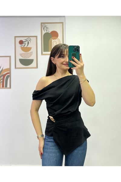 bydenizcollection Boat Neck Asymmetrical Cut Blouse with Draped Waist and Acc...