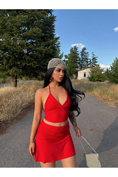kırmızı butiks Red Bell Skirt Double Set