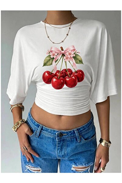 PERISENSE Women's Lycra Bat Sleeve Crop T-Shirt, Fitted at the Waist, Stretch...