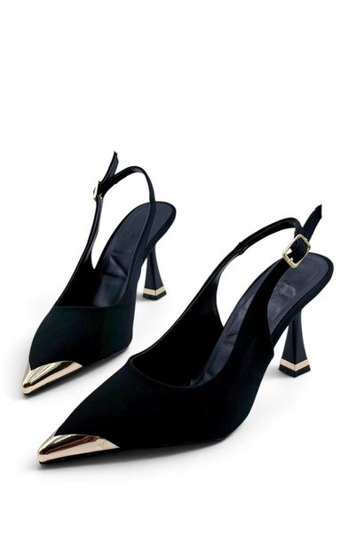 besoin shoes store Gold Metal Accessory Detailed Heeled Shoes Stiletto Black 9 cm