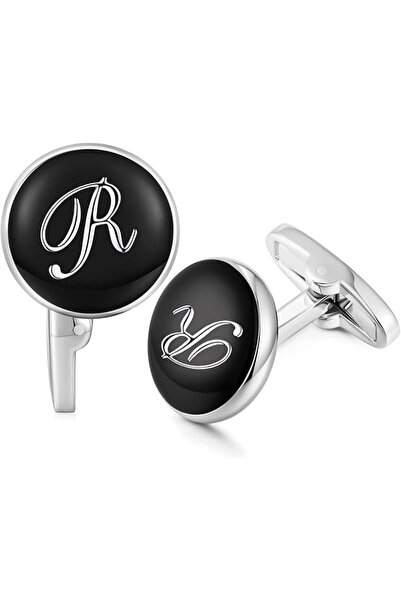 honeyfoam HONEY BEAR Initial Alphabet Letter Cufflinks for Men, Black Round S...