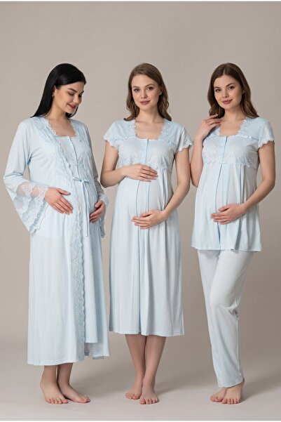 Pelin Women's Blue Lace Detailed Nursing Pajamas with Dressing Gown Maternity...
