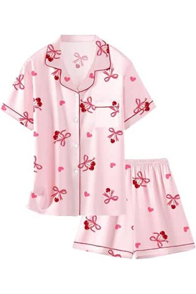 GENERAL Schbbbta Girls Boys Satin Pajamas Set, 2Piece Silk Nightwear Button-D...