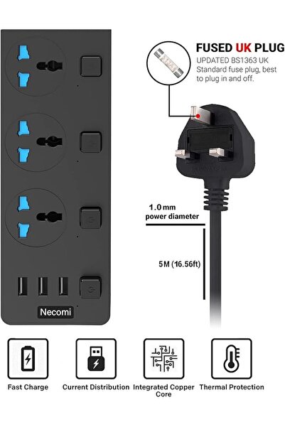 GENERAL Universal Power Extension Sockets, Nicome All in One Wall Plug Adapter with 4 USB Ports(3.1A) and 6 Ac Outlets