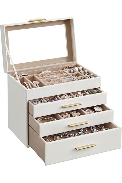SONGMICS Jewellery Box with Glass Lid, 4-Tier Jewellery Organiser, 3 Drawers,...