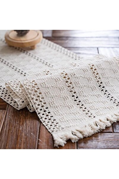 Generic Brand Beige tassel table runner, bohemian style, cotton and linen ble...