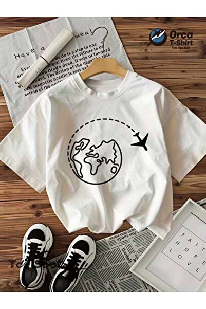 23ERVA Travel, Women's Globe Plane Design, Pure Cotton T-Shirt, Summer Casual...
