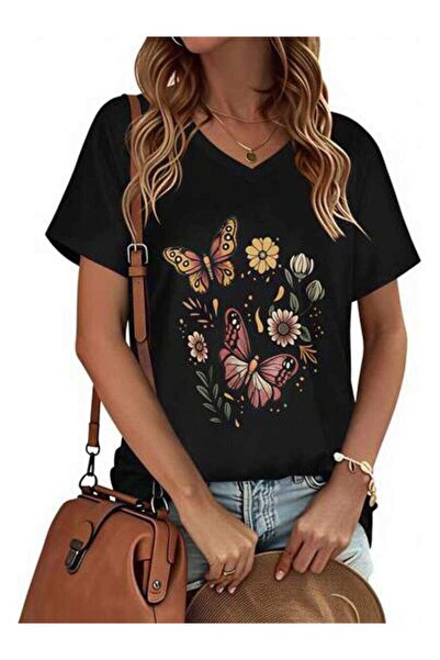 23ERVA Summer Outfit Women, Butterfly Flowers Funny Vintage T-Shirt, Loose Br...