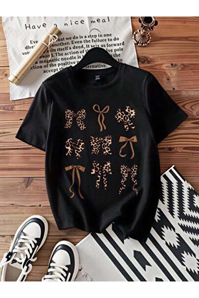 23ERVA Women's Leopard Print Bow Pattern, Pure Cotton T-Shirt, Casual Summer ...