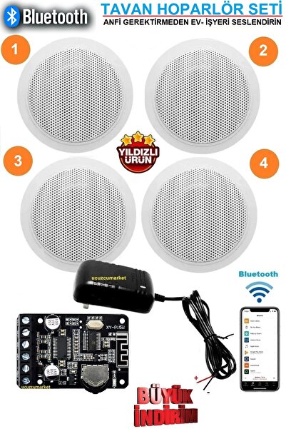 Kalite Tavan Hoparlör Seti Bluetooth Özellikli (4 Tavan Hoparlör) Anfi Kullan...