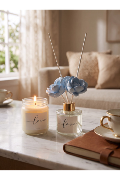 LALEZEN HOME Beyaz Sabun Kokulu Çiçekli Bambu Çubuklu 100 ml Oda Kokusu ve Dekoratif Mum Seti