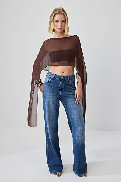 pistore Brown Asymmetrical Cut Unlined Chiffon Cape Party Blouse