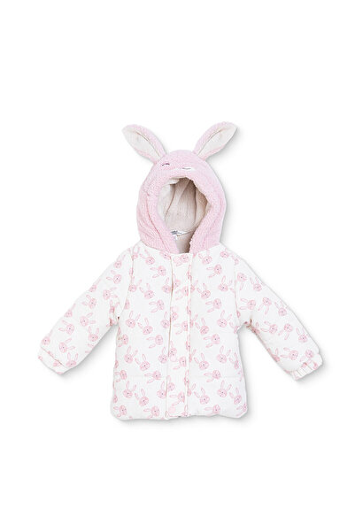 Midimod Kız Bebek Mont Tavşan Baskılı Fermuarlı Kapüşonlu Long Sleeve