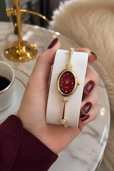 GANYMET ساعة يد نسائية من فيسكا، مينا بورجوندي، هيكل بيضاوي ذهبي اللون، تصميم أنيق وعصري، ساعة يد نسائية كلاسيكية ذات مظهر مجوهراتي