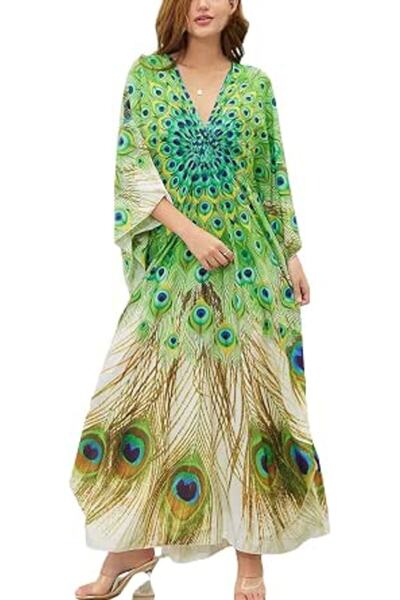 YouKD Women's Pirnt Floral Long Kaftan Maxi Dress Pluse Size Bikini Beach Cov...
