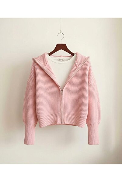 FLEX FASHION kadın esnek örgü yumoş fermuarlı devrik yaka pembe triko hırka