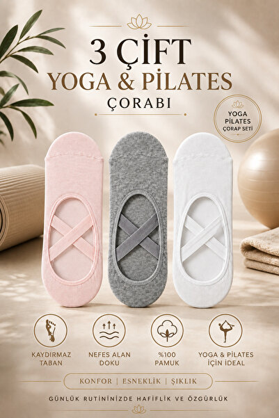 PJ & Me Pilates Socks Yoga Socks 3 Pairs Non-Slip Sole Women's Cotton Breatha...