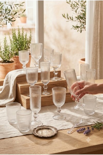 BLN HOME 18-Piece Fluted Striped Glass Set - Water, Soft Drink, and Stemware Set for 6 People