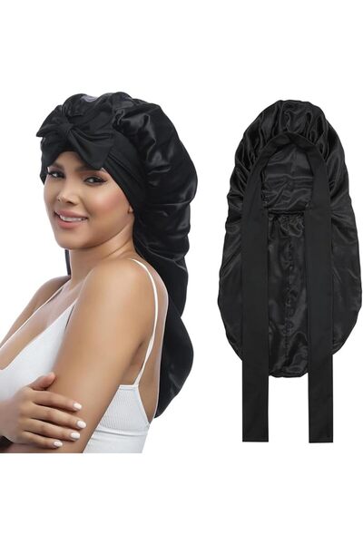 ALMEKAQUZ Long Satin Bonnet with Tie Band for Women - Double Layer Elastic Si...