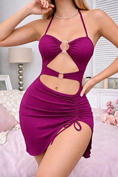 SİA LESS Fuchsia Color Stylish Romantic Night Mini Dress with Front Gathering...