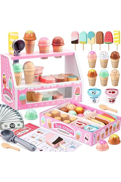Soofam Wooden Ice Cream Counter Playset for Toddler, Play Store Pretend Toy F...
