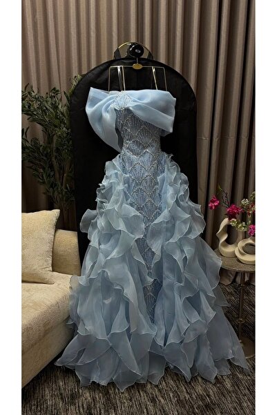 FASHION Off-Shoulder Evening Gown with Organza Collar and Luxurious Pearl-Emb...