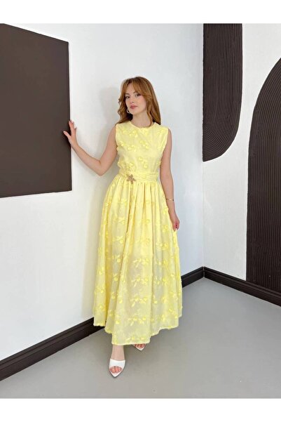 maf collection Women's Round Neck Yellow Floral Textured Zero Sleeve Belt Det...