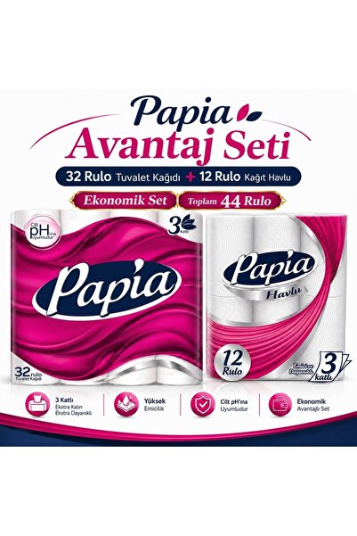 Papia Tuvalet Kağıdı (3 Katlı) 32 Li Pk + 12 Li Paket Kağıt Havlu Klasik (3 K...