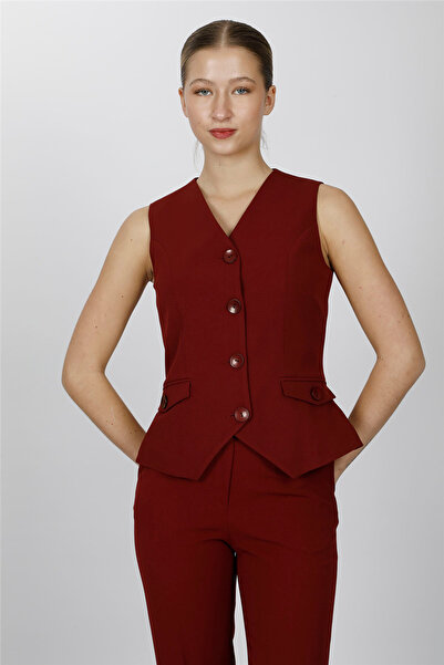 ÖNDER ÖZSOY V-Neck Decorated Buttoned Vest 1530100-Burgundy - 1530100