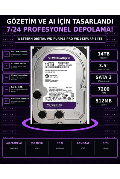 DİSK BANK 14 TB PURPLE 3.5 İnçWD142PURP Kamera, DVR ve NVR Kayıt Sistemi Diski