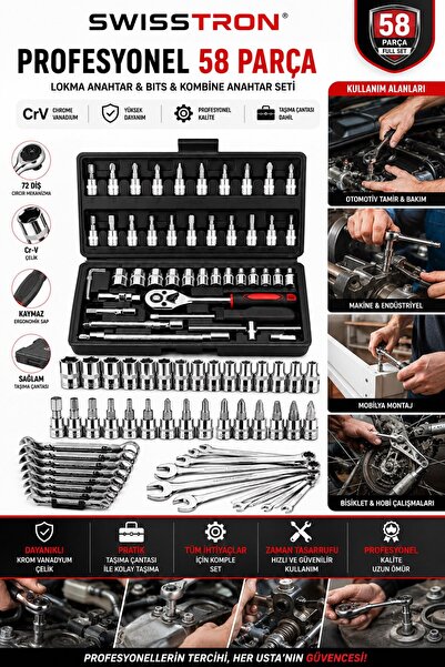 SwissTron 58 Parça Profesyonel Cırcır Lokma Anahtar Seti | Cr-V Krom Vanadyum Bits ve Kombine Anahtar Takımı
