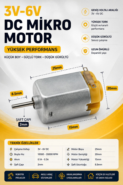 RoboPazar 130 Tipi DC Mikro Motor 3V-6V – 2 mm Milli Yüksek Hızlı Mini Motor
