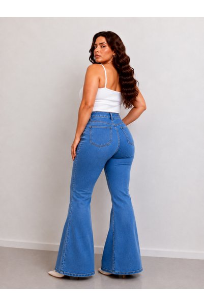nd jeans Kadın-Premium Yüksek Bel Toparlayıcı Esnek Rahat Kalıp İspanyol Paça Kot Pantolon-mavi