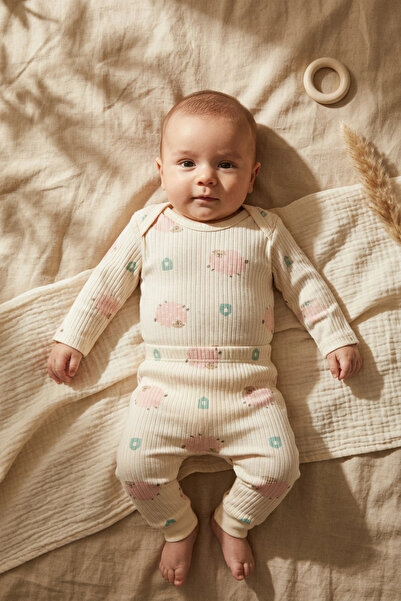 Süper Mini Baby Cotton Camisole Salmon Sheep Patterned Baby Set - Long Sleeve...