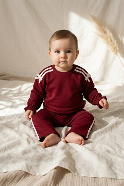 ciciben Burgundy and White Striped Ribbon Detailed Cotton Tracksuit Set for B...