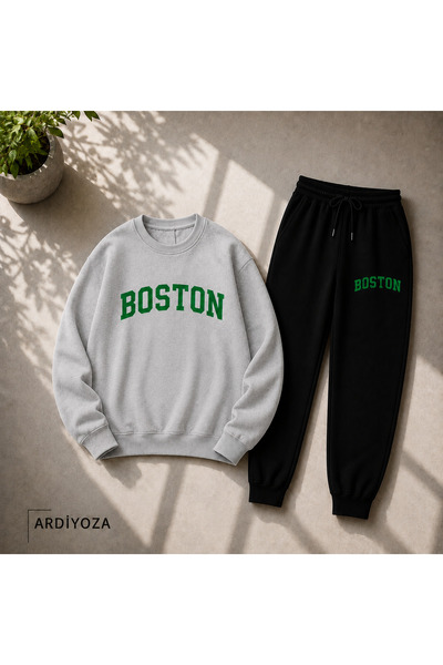 SILATU 2-Piece Zero-Collar Winter Boston Printed Set (Zero-Collar-Sweatshirt)