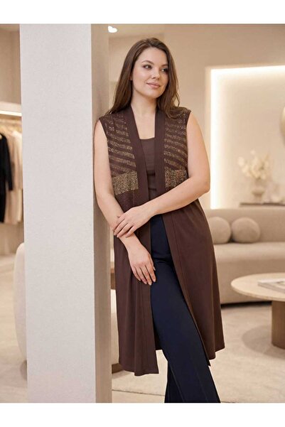 wearon tekstil KADIN DESENLİ TRİKO DETAYLI UZUN YELEK