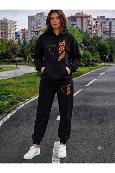 CLOTHES33 Trening cu glugă, set din 2 piese, model de iarnă cu imprimeu leopa...