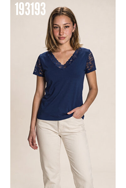 moda wanilia New Season Women's Short Sleeve V-Neck Lace Viscose Blouse