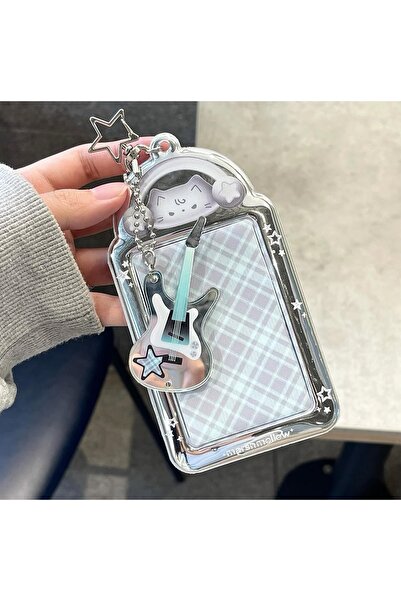 Kawaii Gitar Charmlı Mavi Kedi Gümüş Holder Kartlık