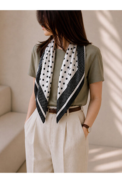 EveryScarf Siyah Beyaz Puantiye Desenli Saten Fular Kadın Boyun Şal