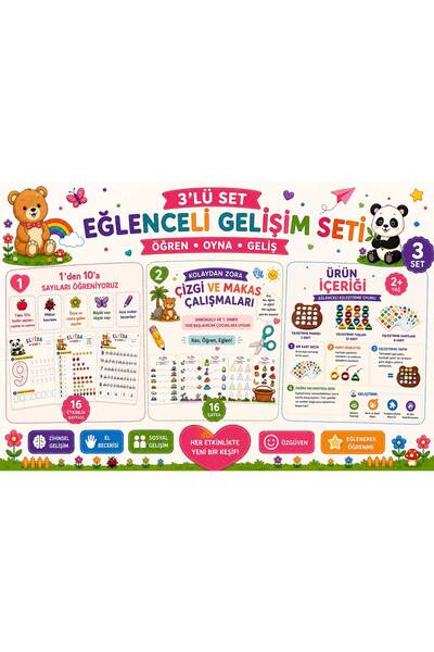 Elfida Kids 3'lü Okul Öncesi Eğitici Etkinlik Seti / Sayılar, Çizgi-Makas ve Eşleme Etkinlikleri