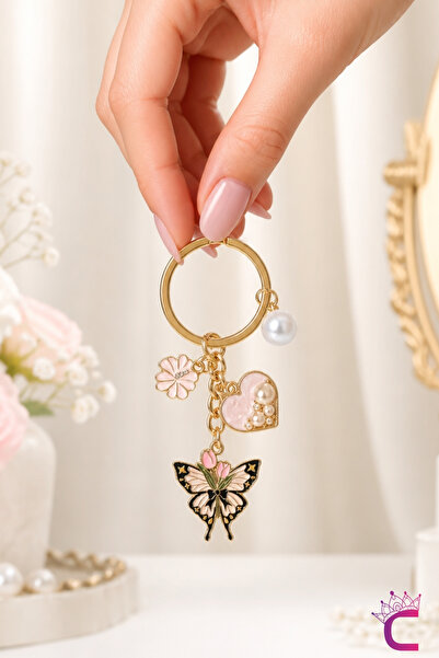 Cinderella Breloc cu inimă și flori de lalele roz, ornament pentru geantă, au...