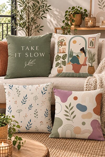 EVPANYA Girl Reading a Book Patterned 4-Piece Throw Pillow Cover Set