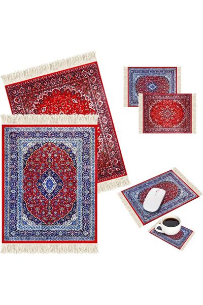 KASTWAVE طقم من 4 قطع: وسادة فأرة وقواعد أكواب بتصميم سجاد فارسي فاخر - تصميم...
