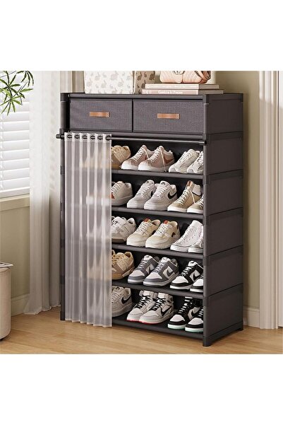 LinJie Shoe Rack, 7-Tier Freestanding Shoe Rack with Dustproof Curtain & Doub...