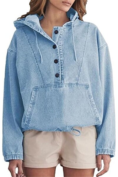 Generic Jean Jacket for Women Trendy Womens Denim Hoodie Pullover Half Button...