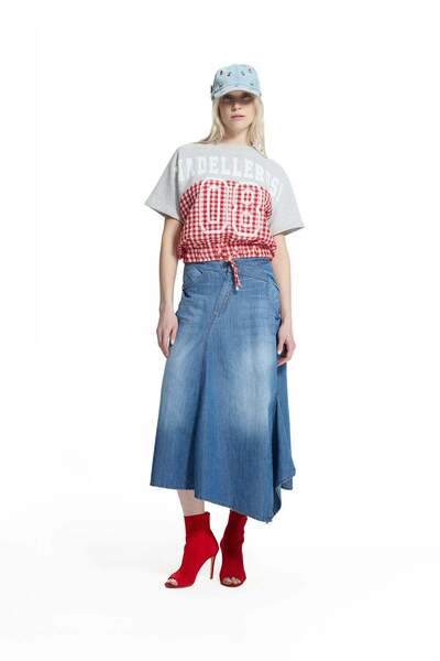 #vdr viadellerose Gray Melange Red Plaid Detailed Lace-Up Sweatshirt 19196