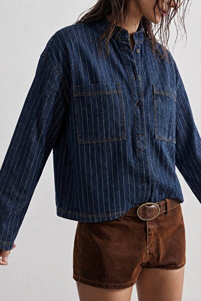 poupee Denim Seasonal Shirt Blouse, Striped Denim Blouse, Women's Denim Shirt...
